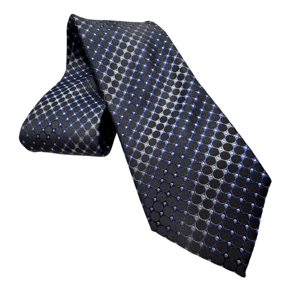 Geoffrey Beene Mens Silk Necktie Black Blue Geometric Circles‎ Handmade Tie